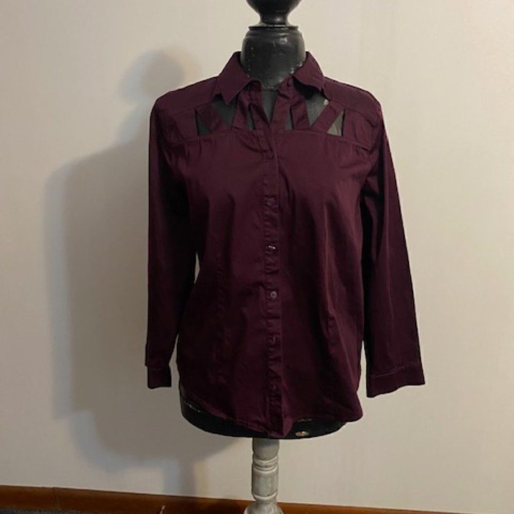 Chico's Eggplant, Purple cut-out bodice button down top, size 2/M